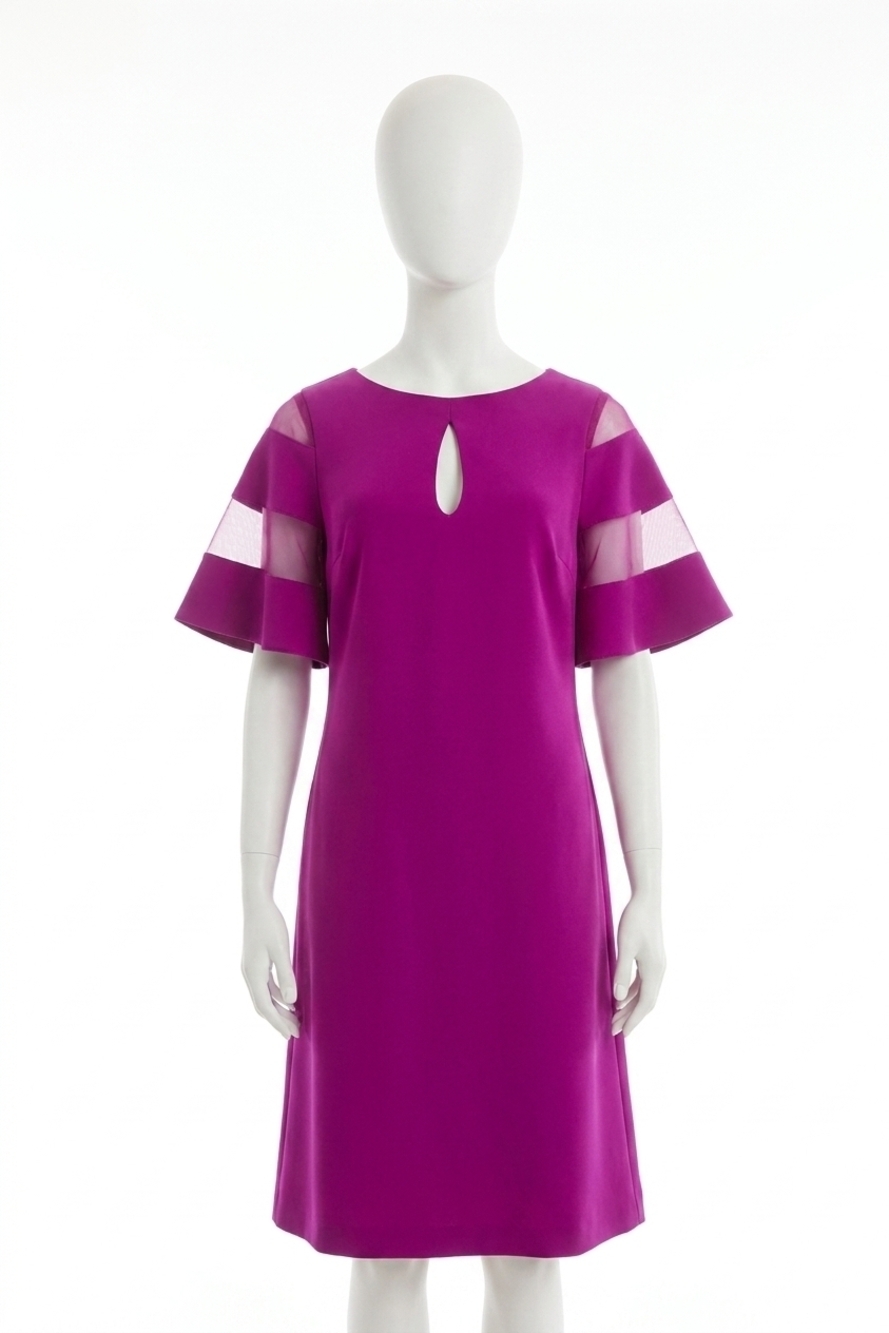 NEW JOSEPH RIBKOFF mesh sleeve insert a-line dress in purple orchid